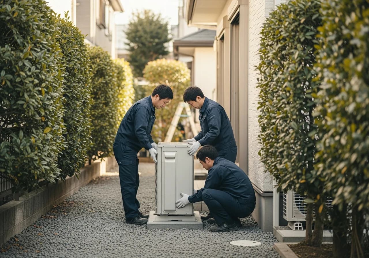 狭い通路で据付位置を確認する作業員